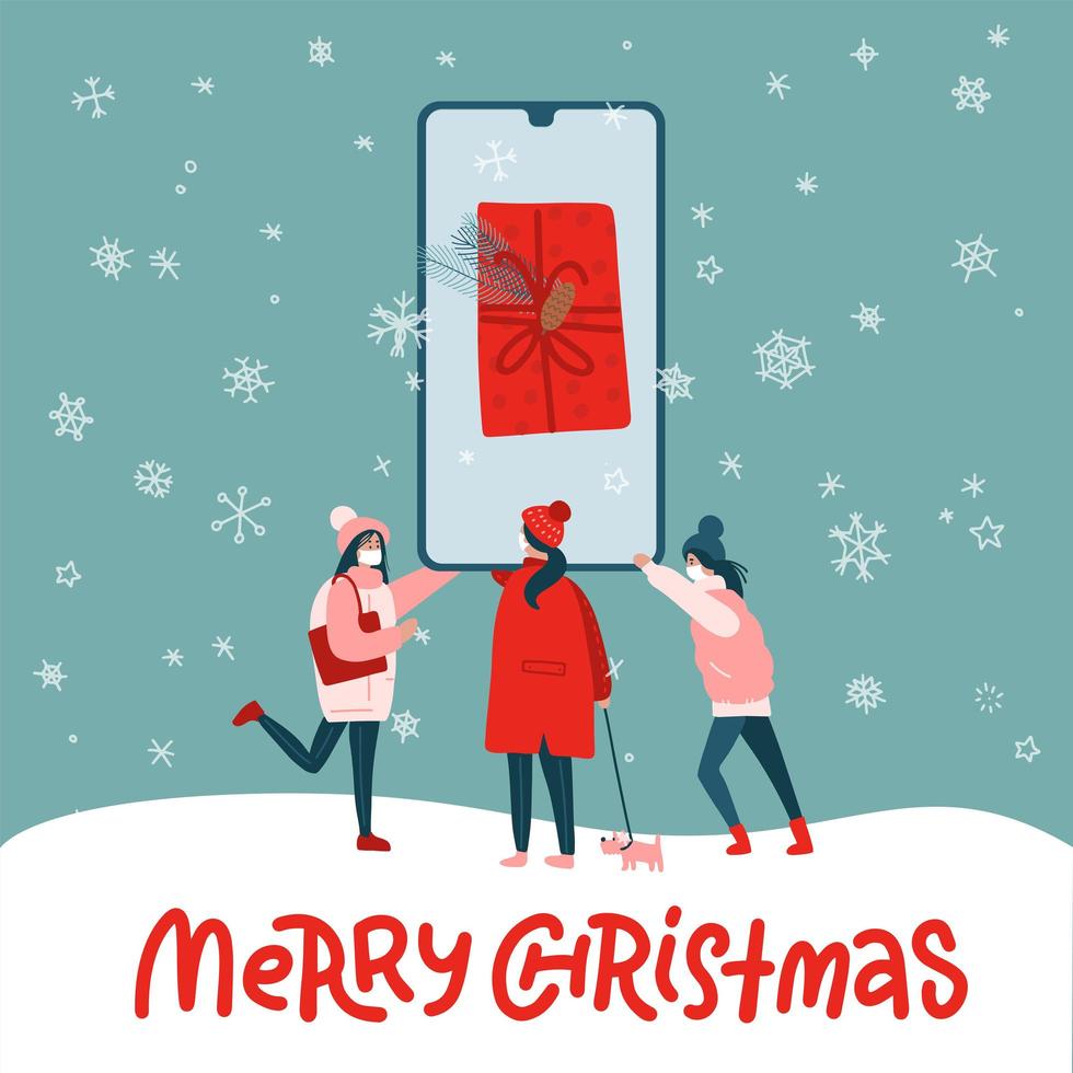 giovani donne che fanno acquisti online utilizzando lo smartphone. grande telefono cellulare di grandi dimensioni con presente sullo schermo. regali, illustrazione di design vettoriale piatto per le vacanze di capodanno. donna allo shopping online