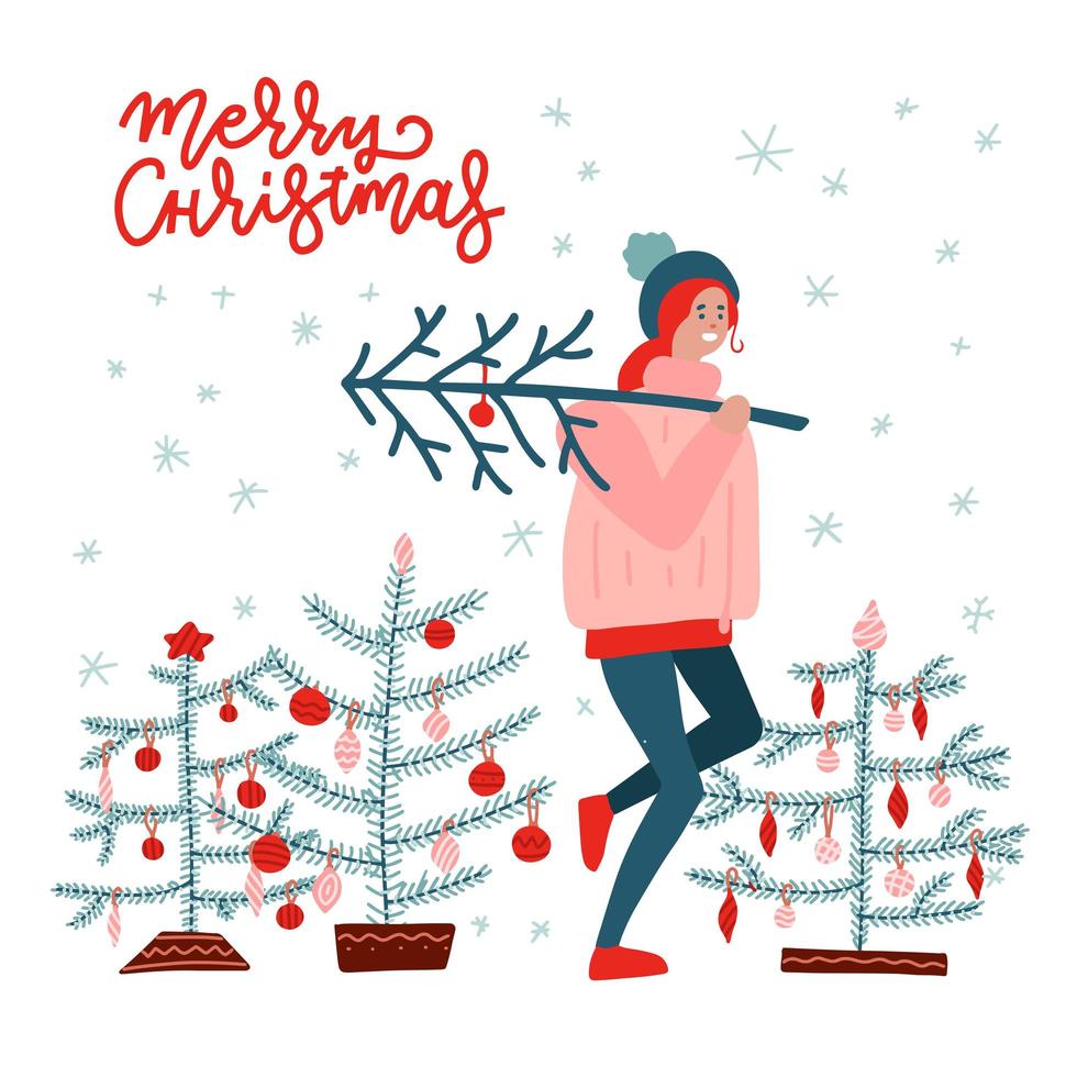 ragazza che porta un albero di natale. buon Natale e Felice Anno nuovo. persone che si preparano per il nuovo anno. scena del biglietto di auguri. illustrazione disegnata a mano piatta vettoriale