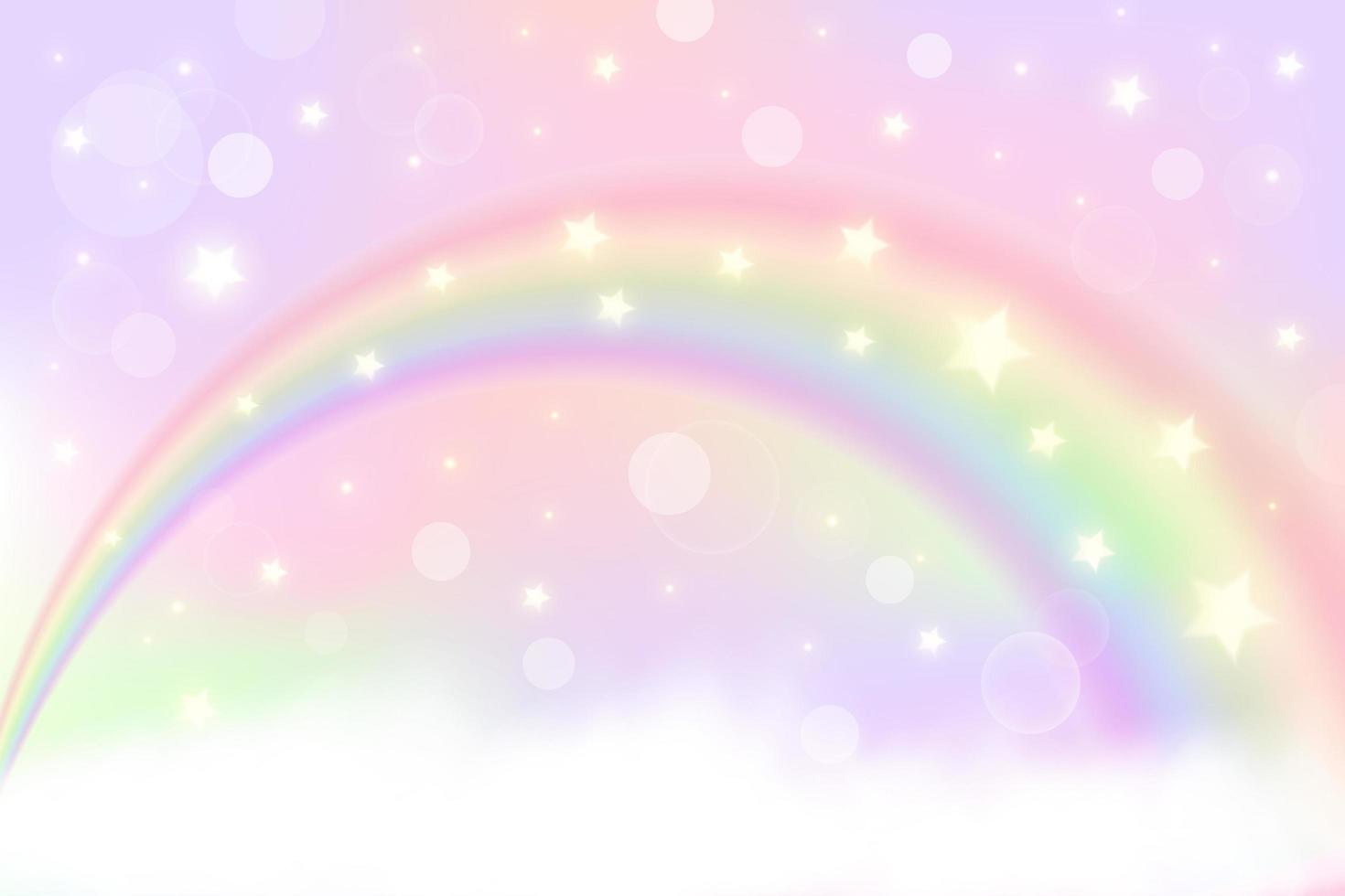 sfondo di unicorno arcobaleno fantasia olografica con nuvole. cielo color pastello. paesaggio magico, modello astratto favoloso. simpatica carta da parati con caramelle. vettore. vettore