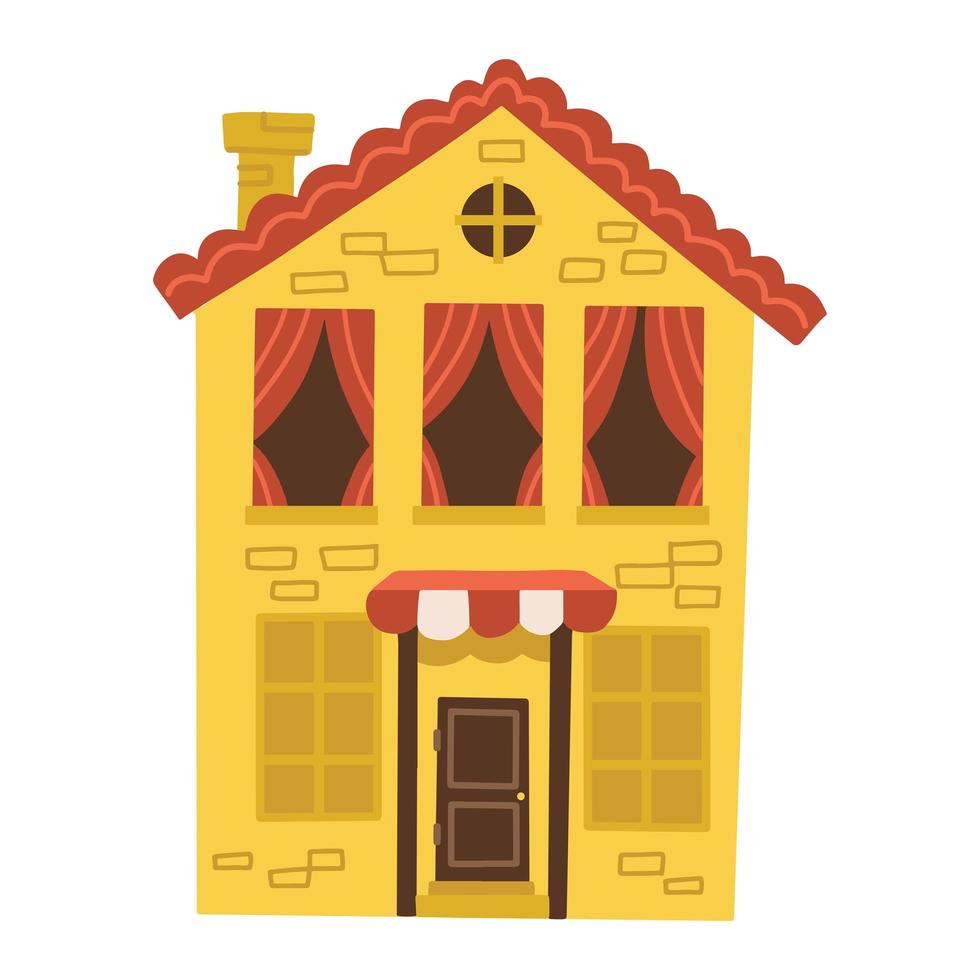 carina casetta gialla con tetto di tegole rosse e molte finestre con persiane e una porta. tradizionale strada europea. edificio dei cartoni animati. elemento cittadino. casa delle fiabe. illustrazione vettoriale piatta