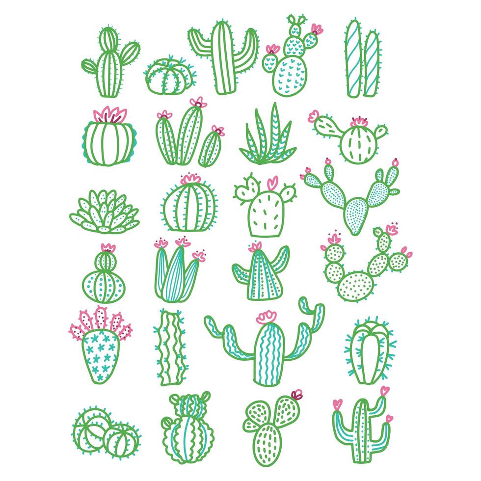 cactus vettoriale disegnato a mano carino senza vasi illustrazione delineata a colori. set di simpatici cactus disegnati a mano con linea verde con fiori rosa.