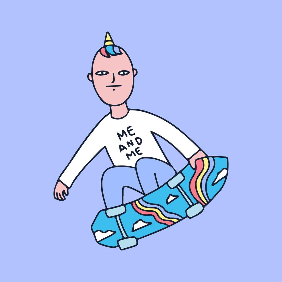 unicorno uomo freestyle con skateboard, illustrazione per t-shirt, adesivo o merchandising di abbigliamento. con stile retrò e cartone animato. vettore