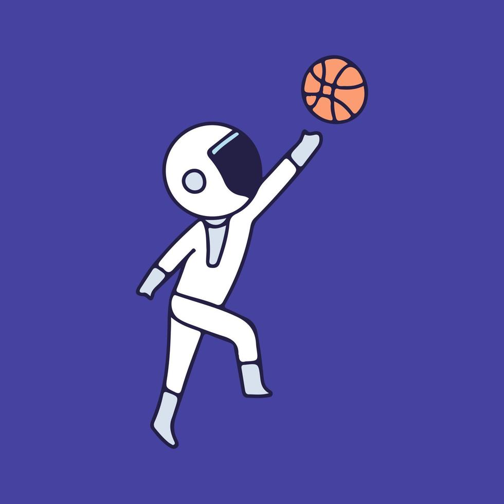 astronauta che gioca a basket, illustrazione per t-shirt, adesivi o articoli di abbigliamento. con stile cartone animato retrò. vettore