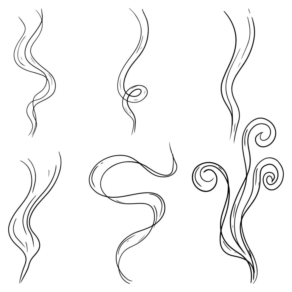 set di simboli di fumo doodle. icona dell'odore dell'aroma. illustrazione vettoriale disegnata a mano.