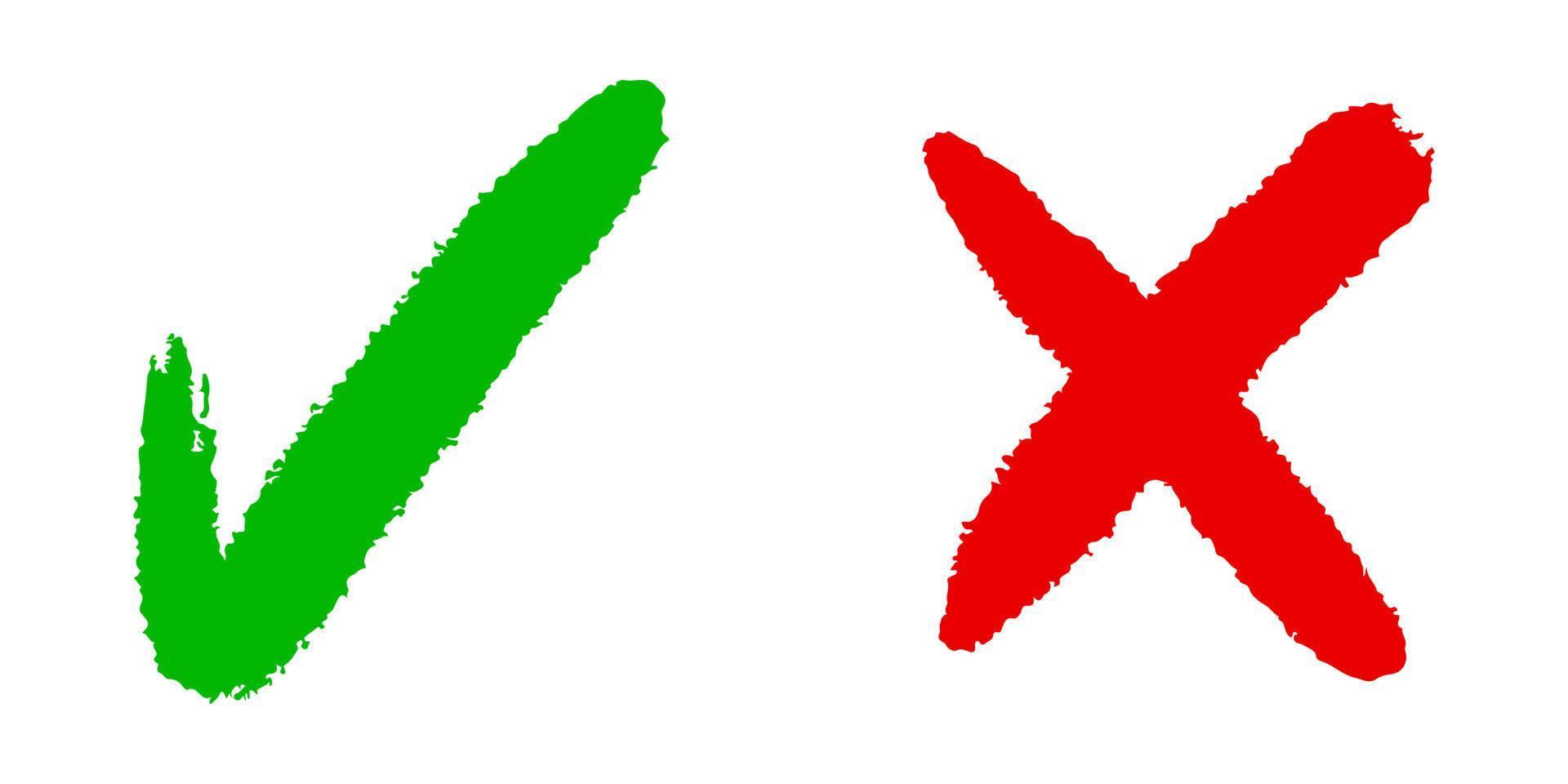icona giusta e sbagliata. disegnato a mano di segno di spunta verde e croce rossa isolata su sfondo bianco.illustrazione vettoriale. vettore