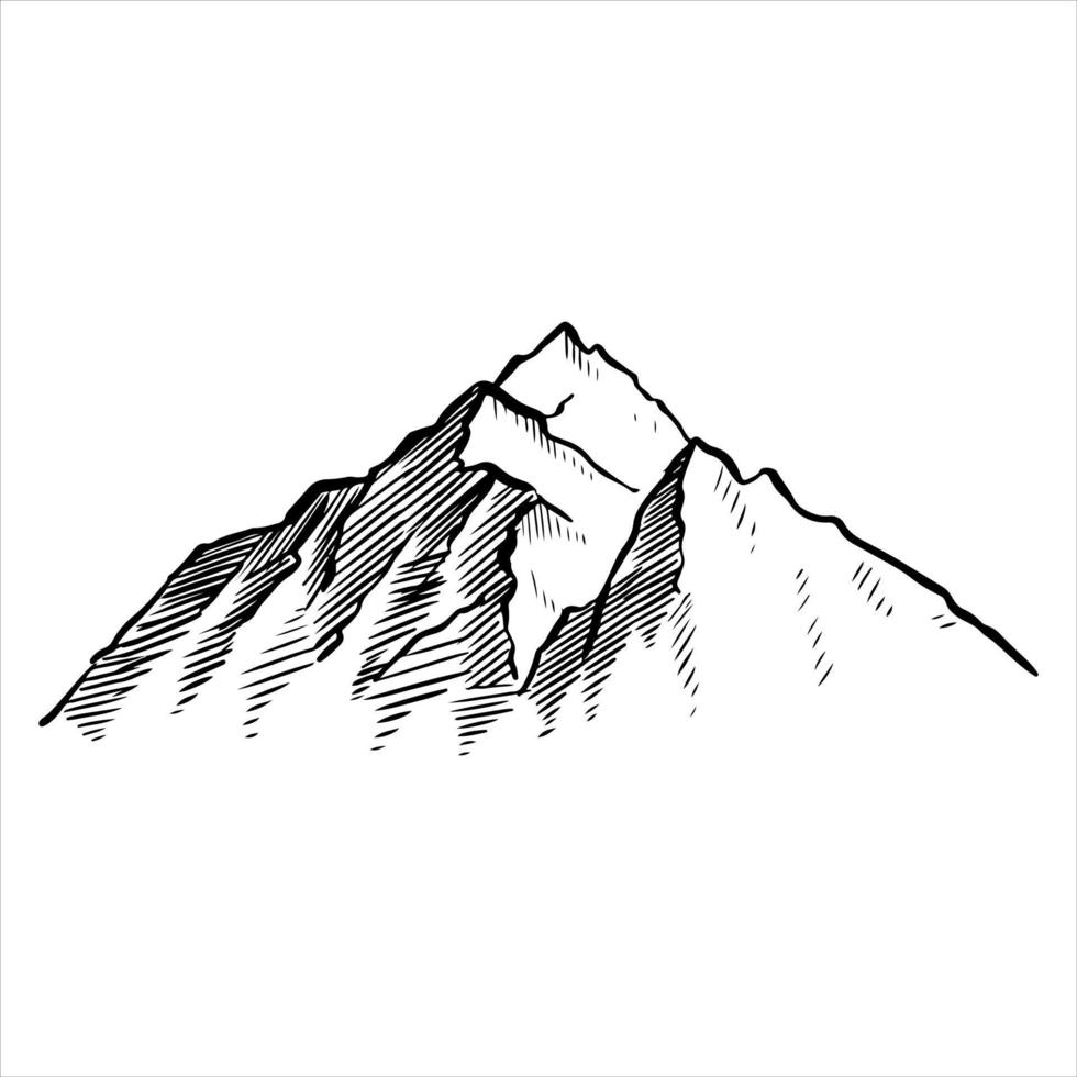 montagna disegnata a mano nello stile di abbozzo isolato su priorità bassa bianca. illustrazione vettoriale. vettore
