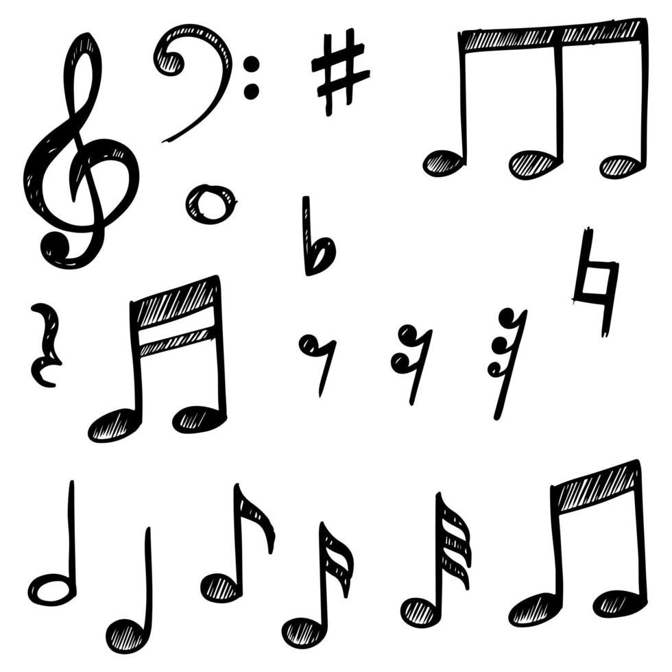set di doodle di note musicali disegnati a mano isolati su sfondo bianco. illustrazione vettoriale. vettore