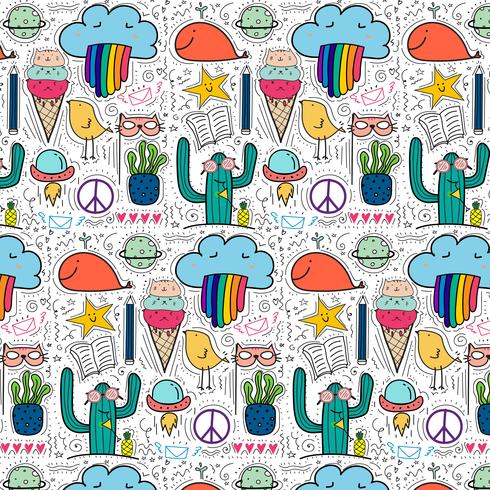 Modello con fondo adorabile di Doodle disegnato a mano. Doodle divertente. vettore