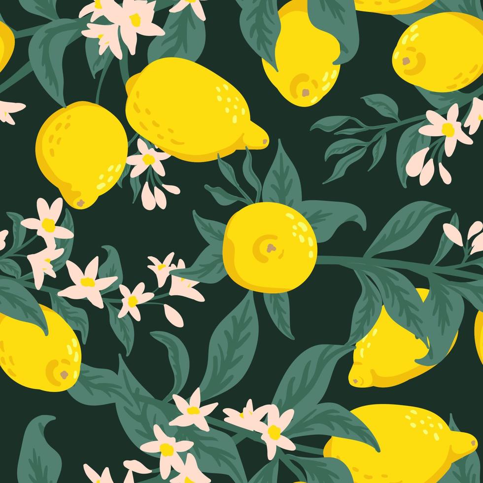 estate tropicale seamless con limoni colorati e flowers.vector agrumi sfondo. moderno design floreale esotico per carta, copertina, tessuto, arredamento d'interni e altri utenti. vettore