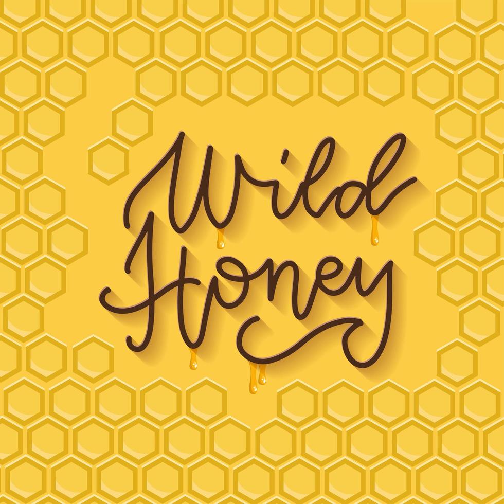 design tipografico miele d'api. scritte lineari alla moda con motivo a nido d'ape. design del modello per l'apicoltura e il prodotto a base di miele. sfondo giallo, illustrazione vettoriale piatta.