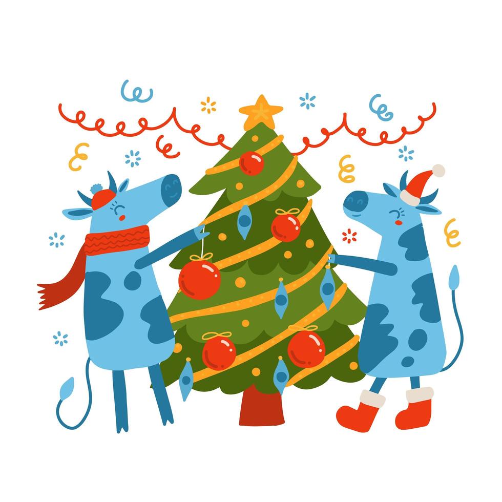 toro e mucca cool in un cappello da Babbo Natale che decorano l'albero di natale. simbolo del 2021. illustrazione piatta vettoriale. illustrazione luminosa per banner e biglietto di auguri. vettore