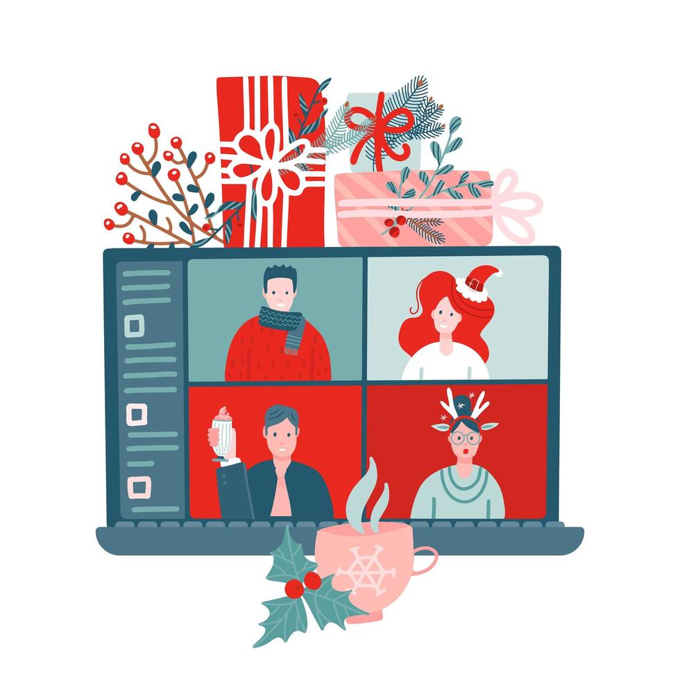 persone che si incontrano online tramite videochiamate su un laptop per discussioni virtuali durante le vacanze di Natale. laptop festivo con scatole regalo. illustrazione vettoriale piatta