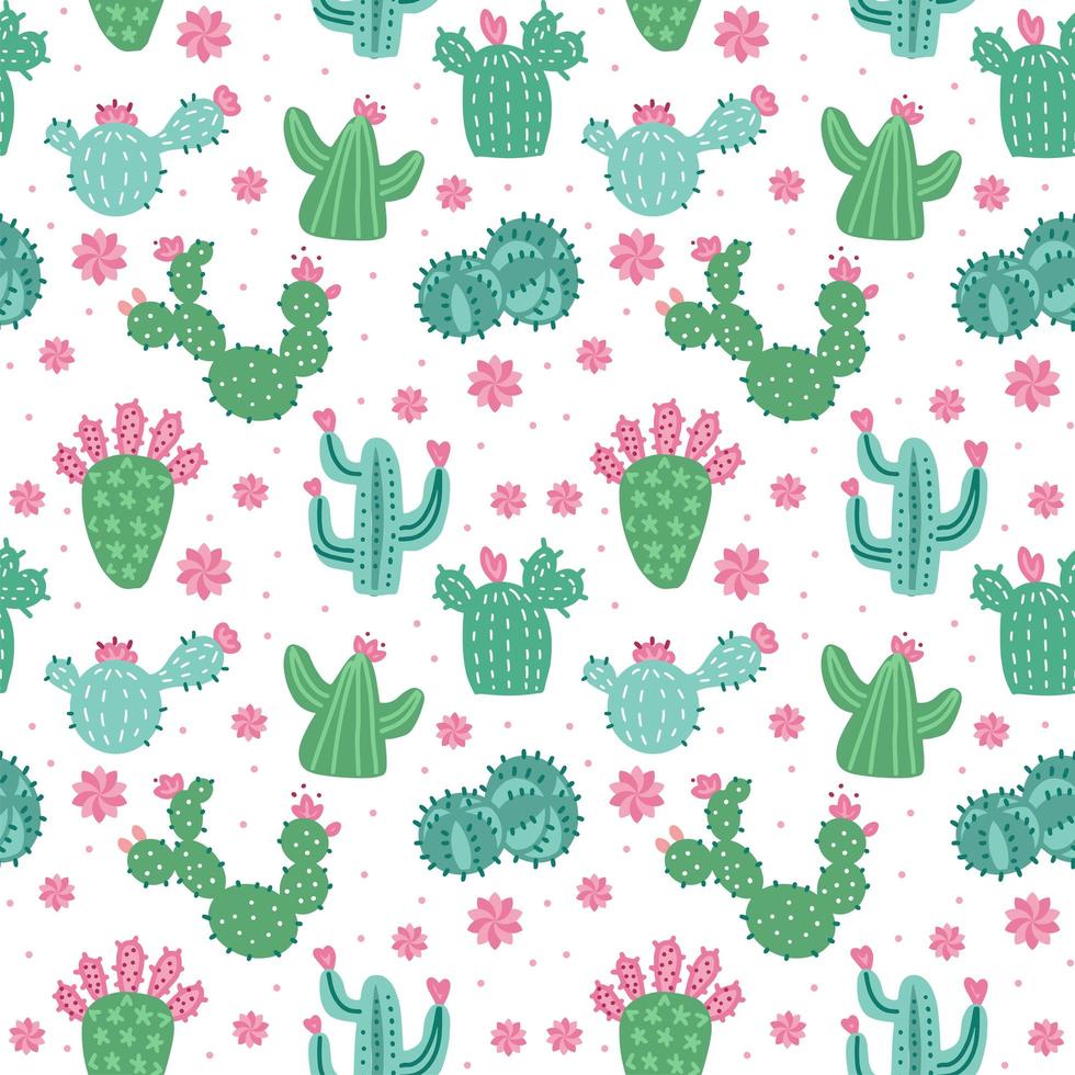 simpatici cactus in vasi di fiori. modello senza cuciture con cactus. elementi modificati. illustrazione vettoriale di doodle disegnato a mano piatto.