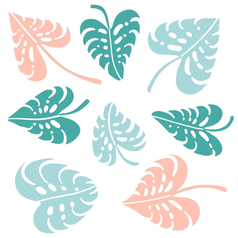 set di foglie verdi, blu e rosa della pianta della giungla tropicale di monstera. illustrazione vettoriale piatta isolata su bianco. a forma di cuore.