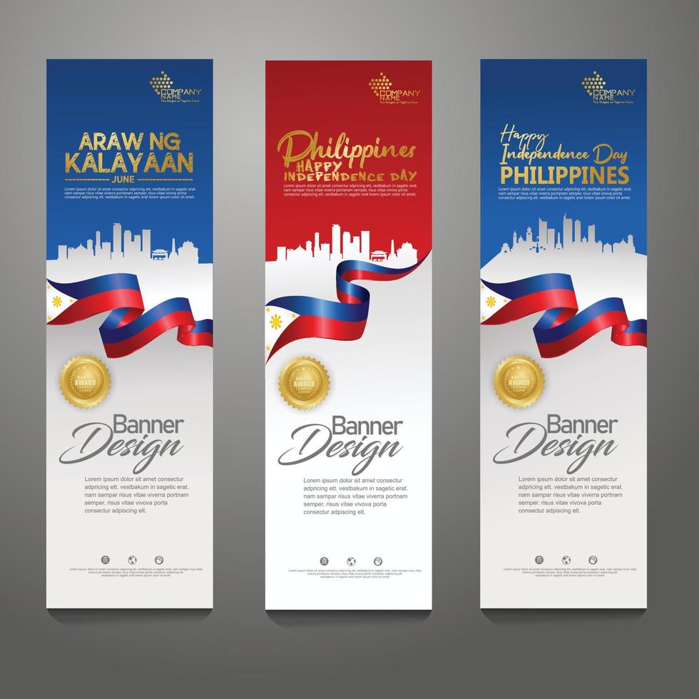 impostare il modello di progettazione banner verticale. felice giorno dell'indipendenza filippine sfondo moderno con bandiera a nastro, nastro premio d'oro e città silhouette vettore