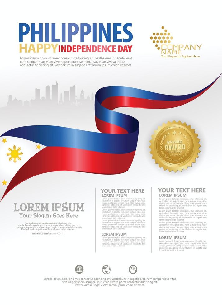 filippine felice giorno nazionale modello di sfondo con bandiere a nastro e città silhouette per un opuscolo poster e brochure vettore