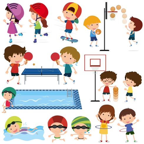 Molti bambini che praticano sport diversi vettore