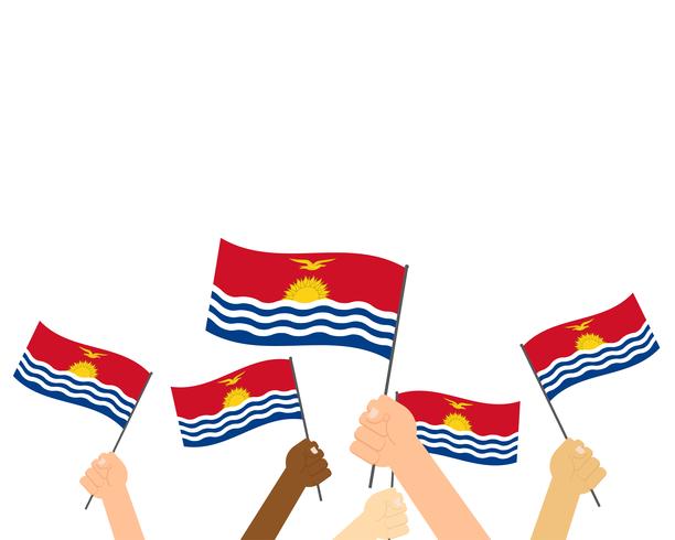 Vector l&#39;illustrazione delle mani che tengono le bandiere di Kiribati isolate su fondo bianco