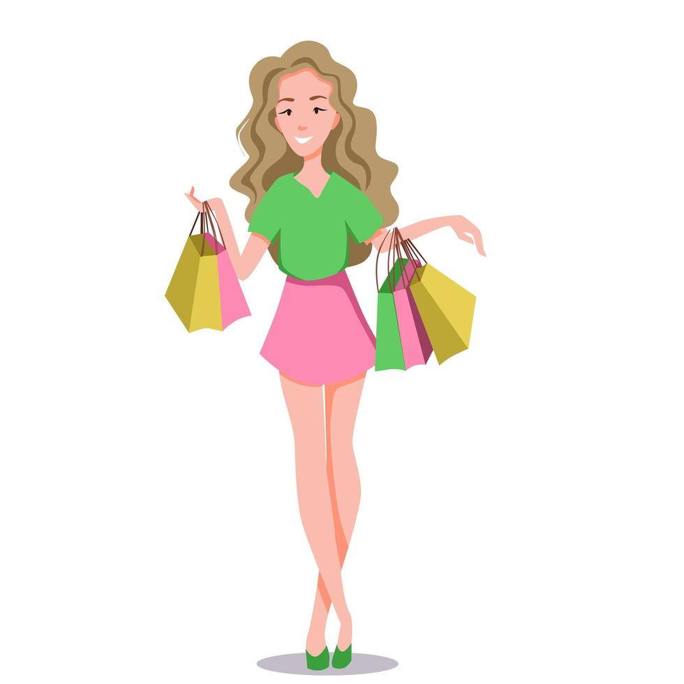 la giovane donna alla moda attraente tiene borse di vestiti dopo lo shopping. vettore