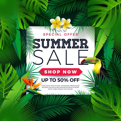 Progettazione di saldi estivi con Toucan Bird, foglie di palme tropicali e fiori su sfondo verde. Illustrazione di offerta speciale di vettore con elementi di vacanze estive per coupon