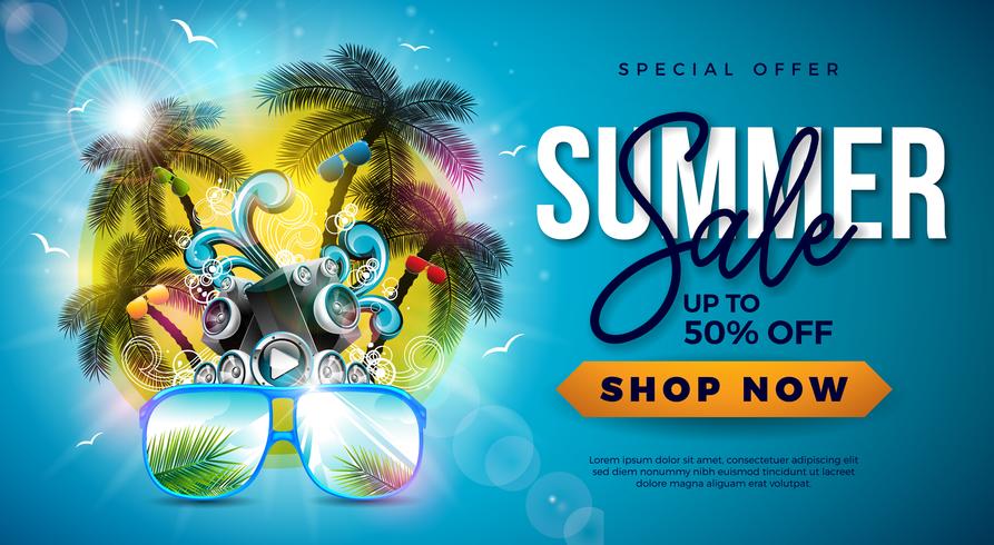 Estate vendita Design con palme e occhiali da sole su sfondo tropicale dell&#39;isola. Illustrazione di offerta speciale di vettore con altoparlante e paesaggio blu dell&#39;oceano