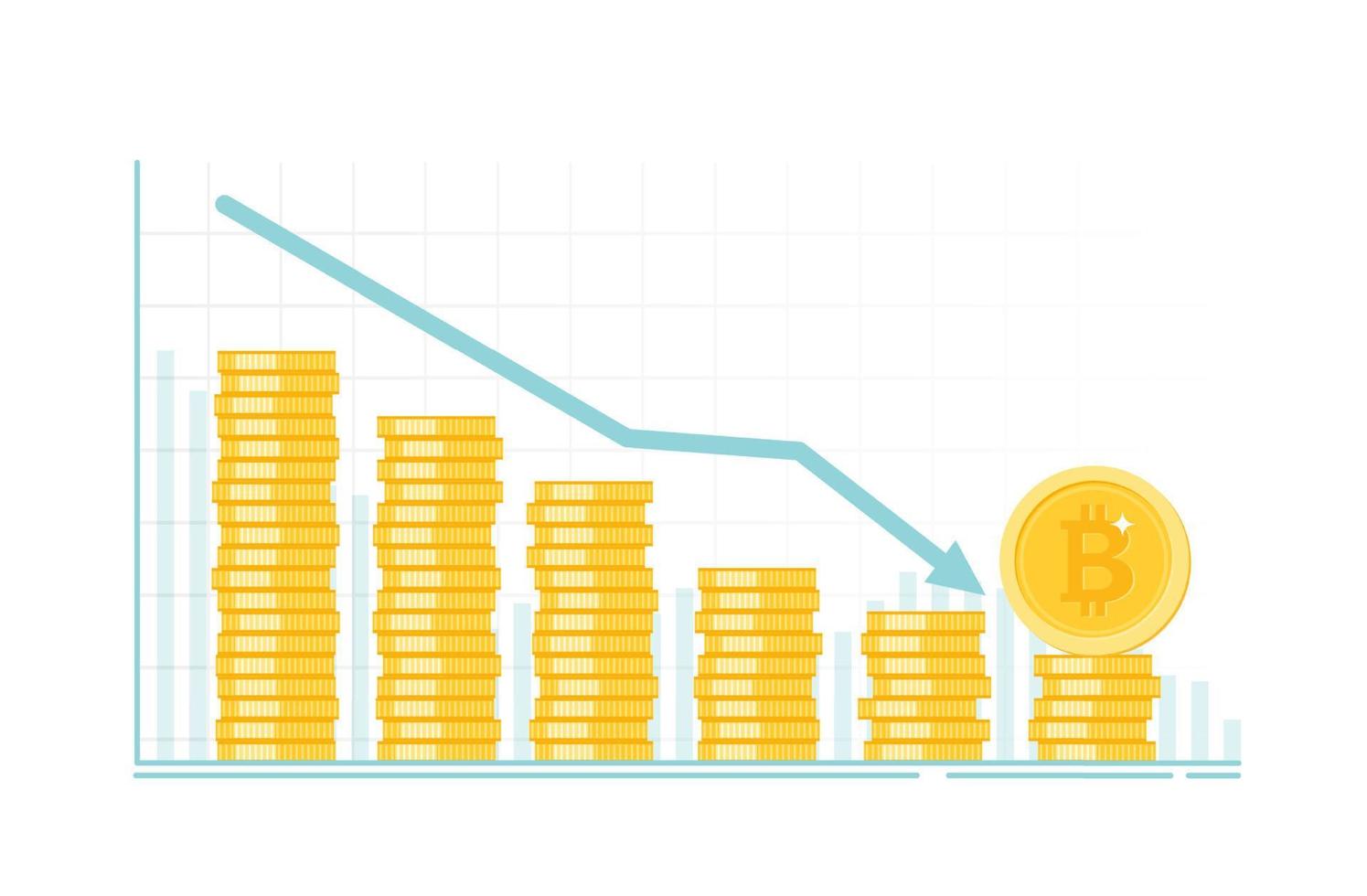 affari bitcoin in calo. bitcoin sul grafico rosso. bitcoin crash sfondo con sfondo rosso e grafici decrescenti. disegno vettoriale