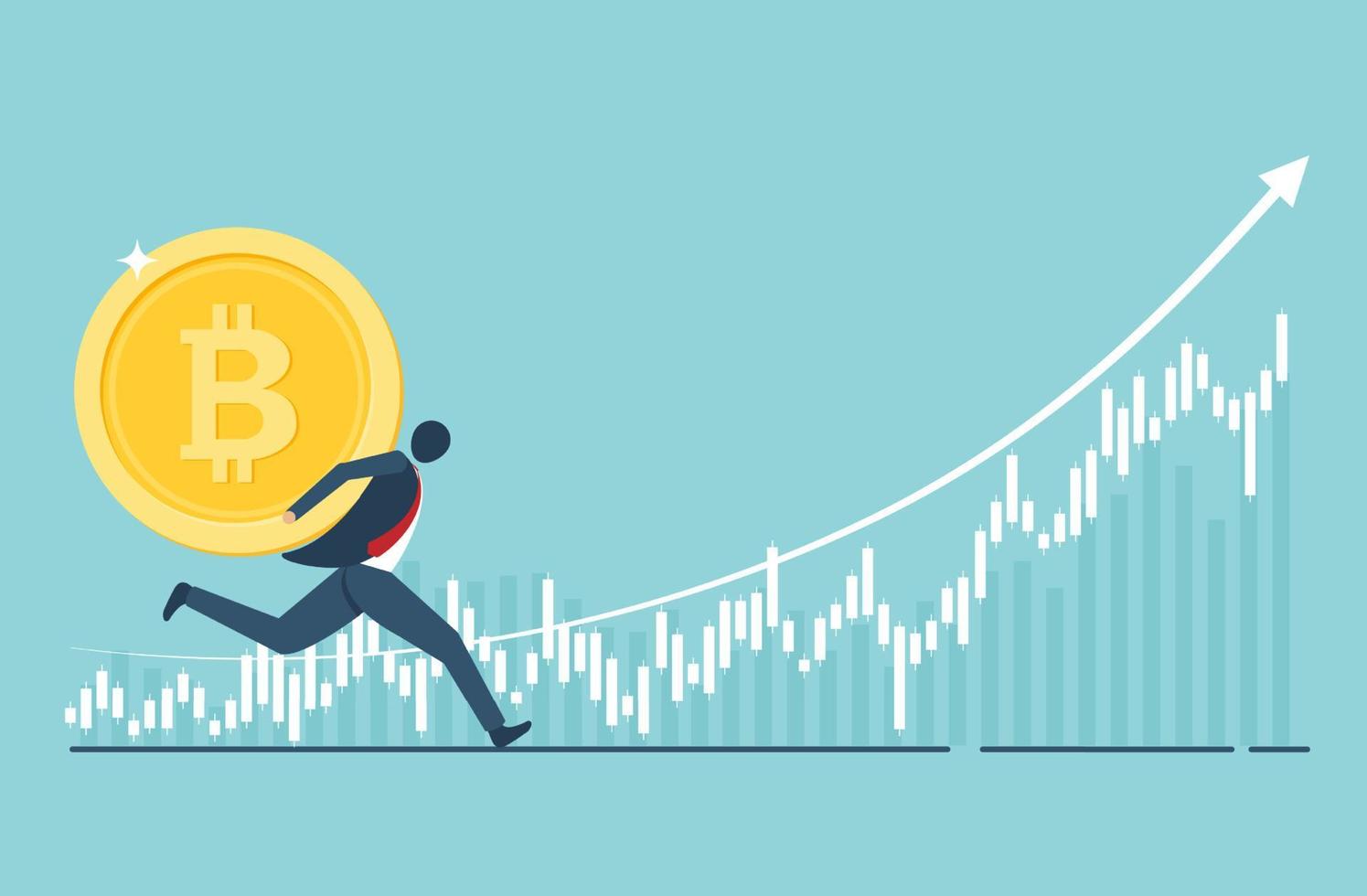 bitcoin business - uomo d'affari orso bitcoin davanti al grafico in aumento. accumulazione e acquisto di criptovaluta concetto. borsa valori internazionale. trend rialzista bitcoin. disegno vettoriale