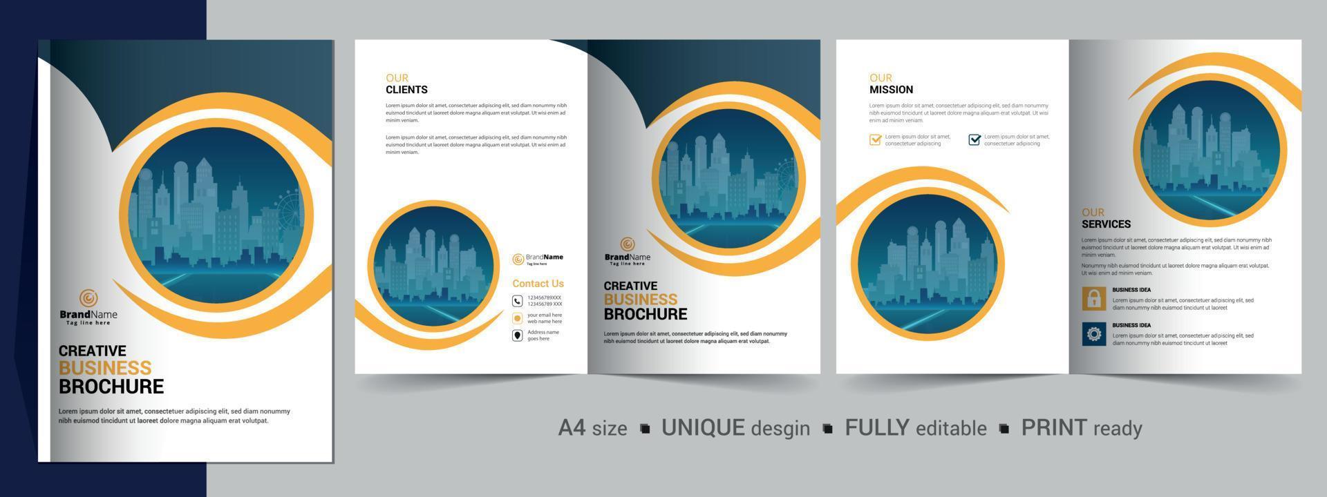 modello di progettazione di brochure bifold per la tua azienda, azienda, affari, pubblicità, marketing, agenzia e attività su Internet. vettore