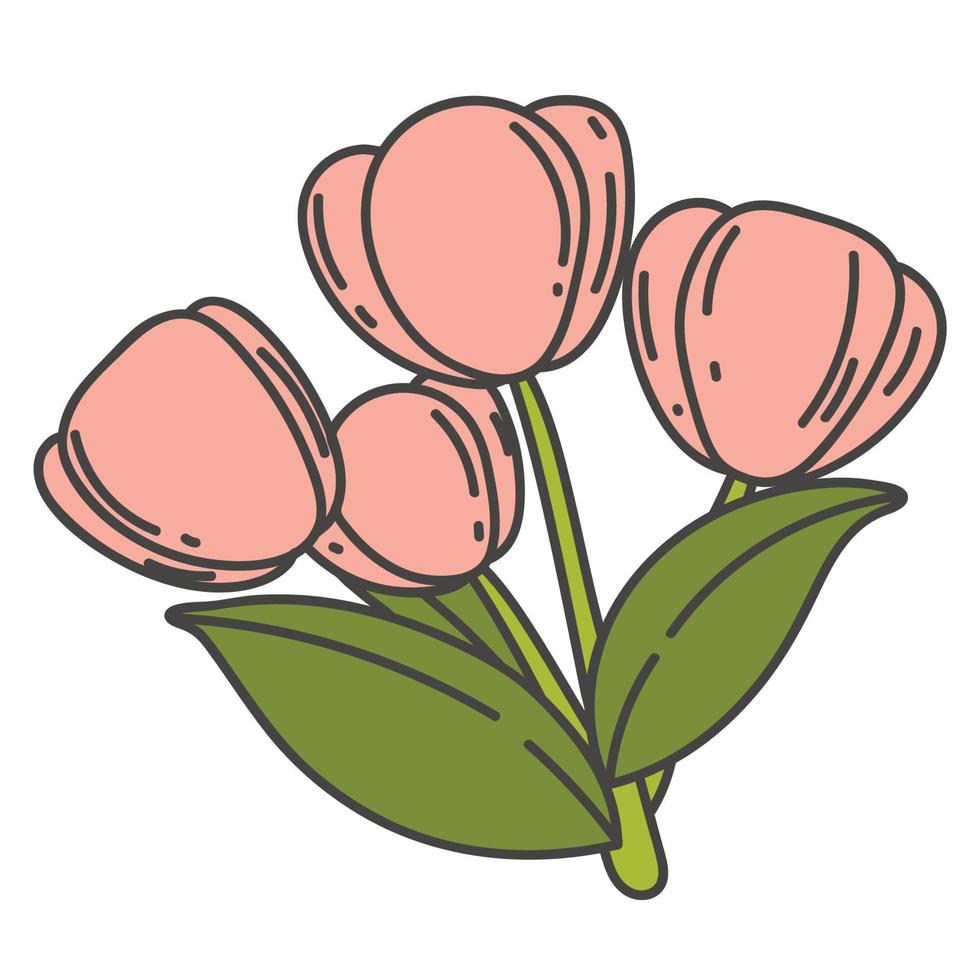 tulipano carino cartone animato con illustrazione vettoriale gambo verde. sputare fiori