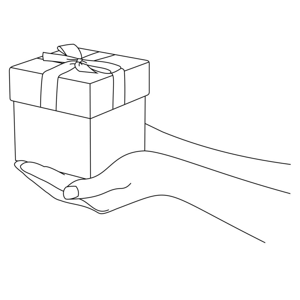 illustrazione di mani che fingono di dare una confezione regalo. regali di festa, Natale, Capodanno, feste, San Valentino e edizioni di compleanno isolate su sfondo bianco. sorpresa o regalo speciale vettore