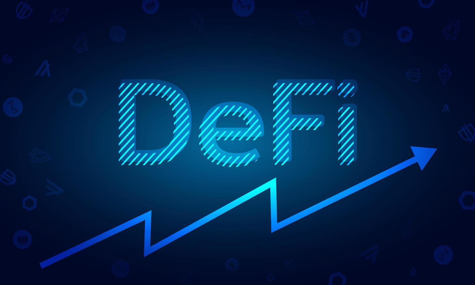 defi finanza decentralizzata per lo scambio di criptovaluta.defi logo del testo design.sistema finanziario,catena di blocchi e portafoglio.sistema tecnologico blu scuro con icona vettore moneta alternativa.