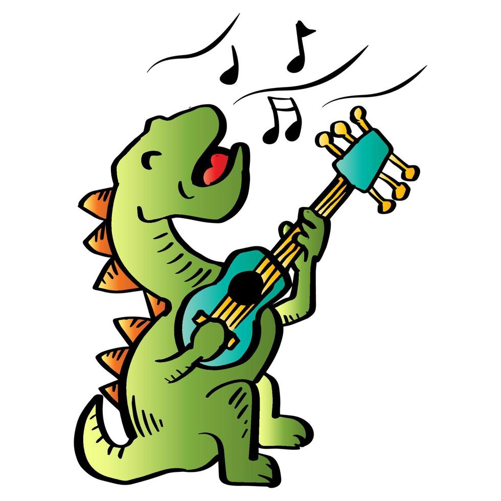 il dinosauro dei cartoni animati canta con la chitarra. personaggio dei cartoni animati animale. vettore