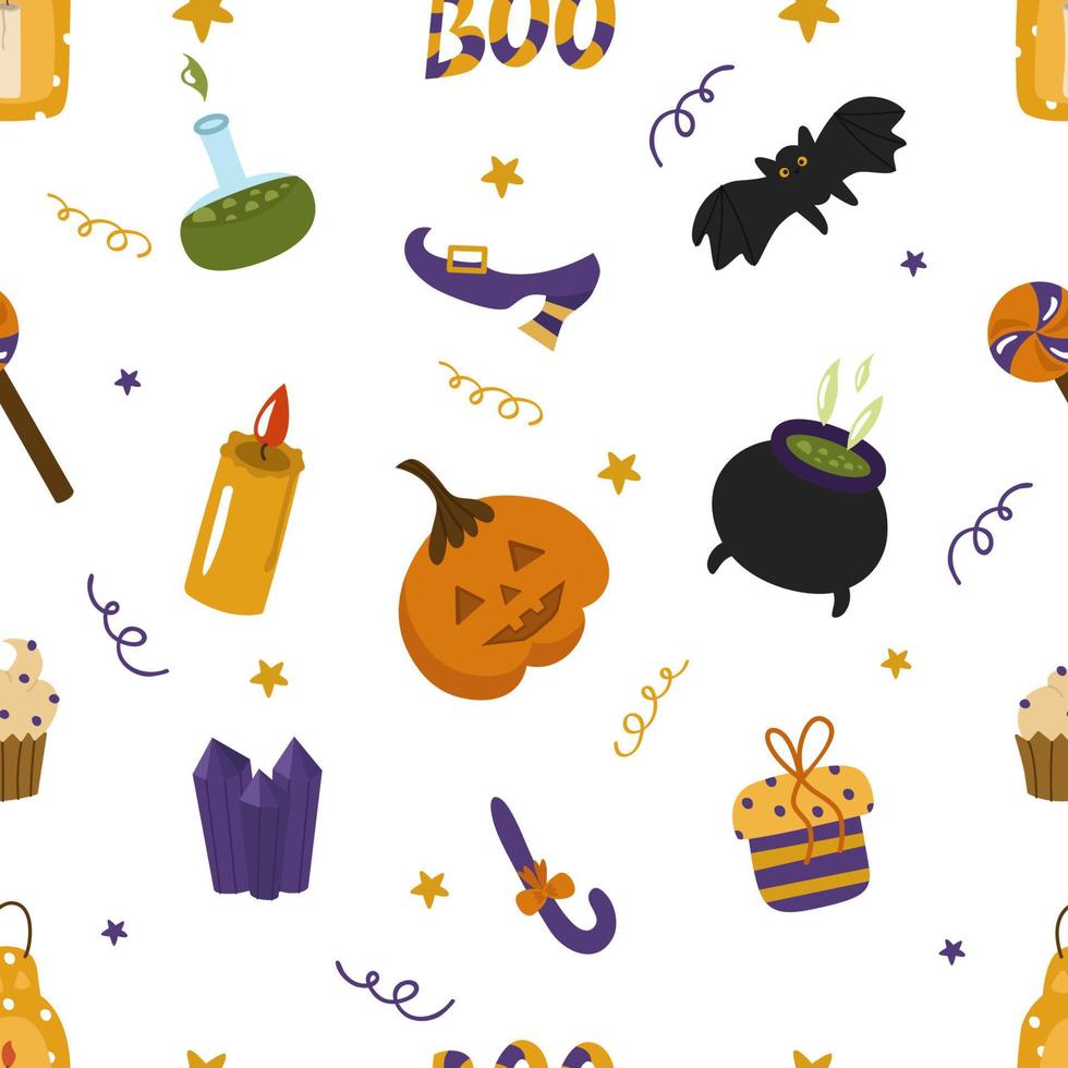 modello senza cuciture di halloween con zucca, pipistrello, fischio, cristalli, caramelle su sfondo bianco. illustrazione vettoriale per una festa, stampa su carta, tessuto, imballaggio, banner, poster, cartolina