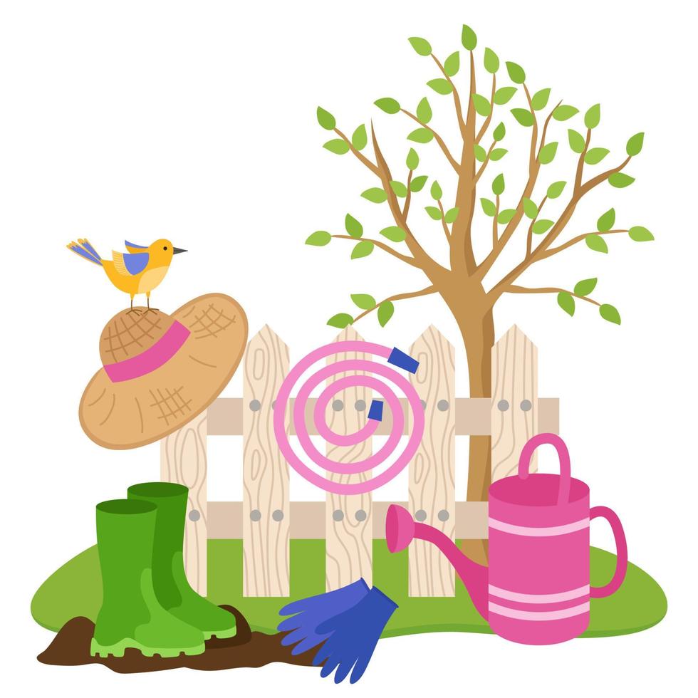 illustrazione di giardinaggio primaverile. strumenti sullo sfondo di un recinto bianco e un albero in fiore. cappello di paglia, annaffiatoio, stivali di gomma, tubo flessibile. articoli vettoriali per l'agricoltura.