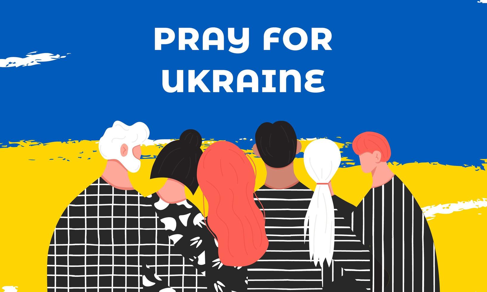 prega per l'Ucraina. gruppo di persone che si abbracciano e si sostengono a vicenda. illustrazione vettoriale piatta del conflitto militare