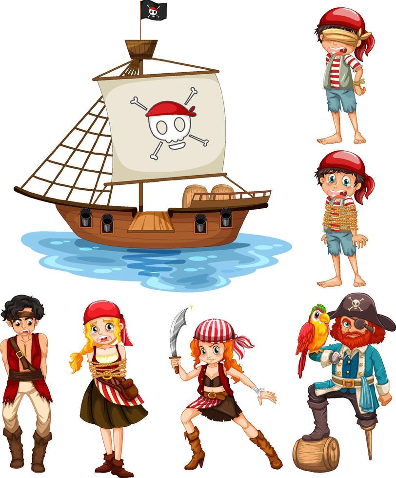 set di diversi personaggi dei cartoni animati di pirati vettore