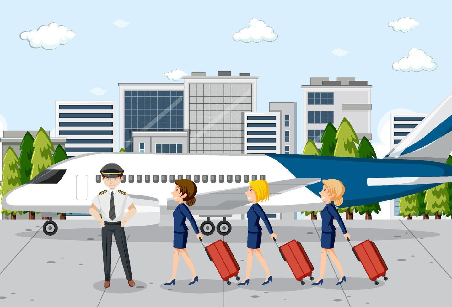 scena dell'aeroporto con equipaggi in stile cartone animato vettore