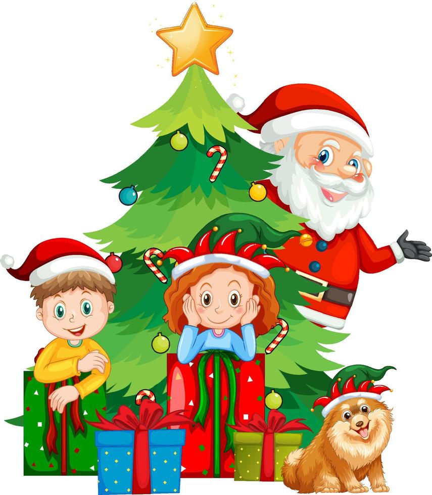 babbo natale con bambini e albero di natale vettore