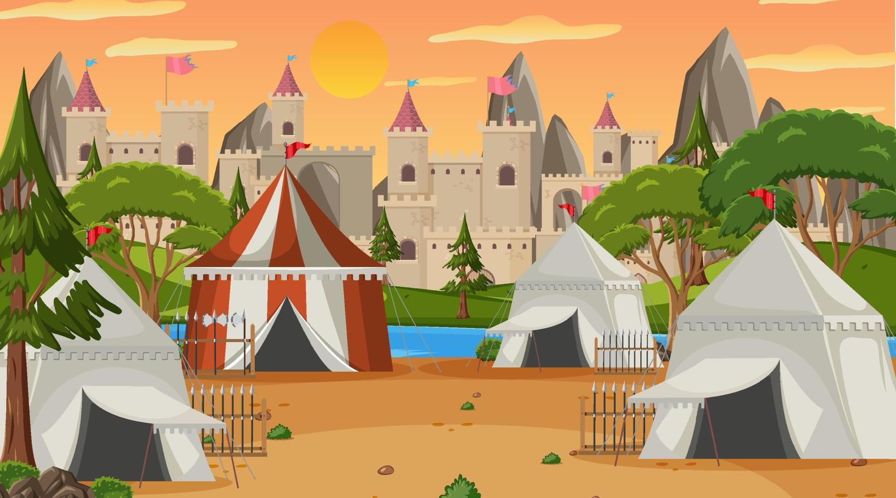 accampamento di scena cittadina medievale con tende e castello vettore