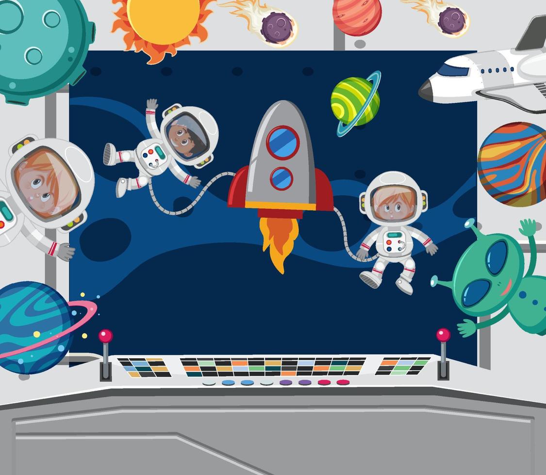 scena del monitor dell'astronave con alieno e astronauta vettore