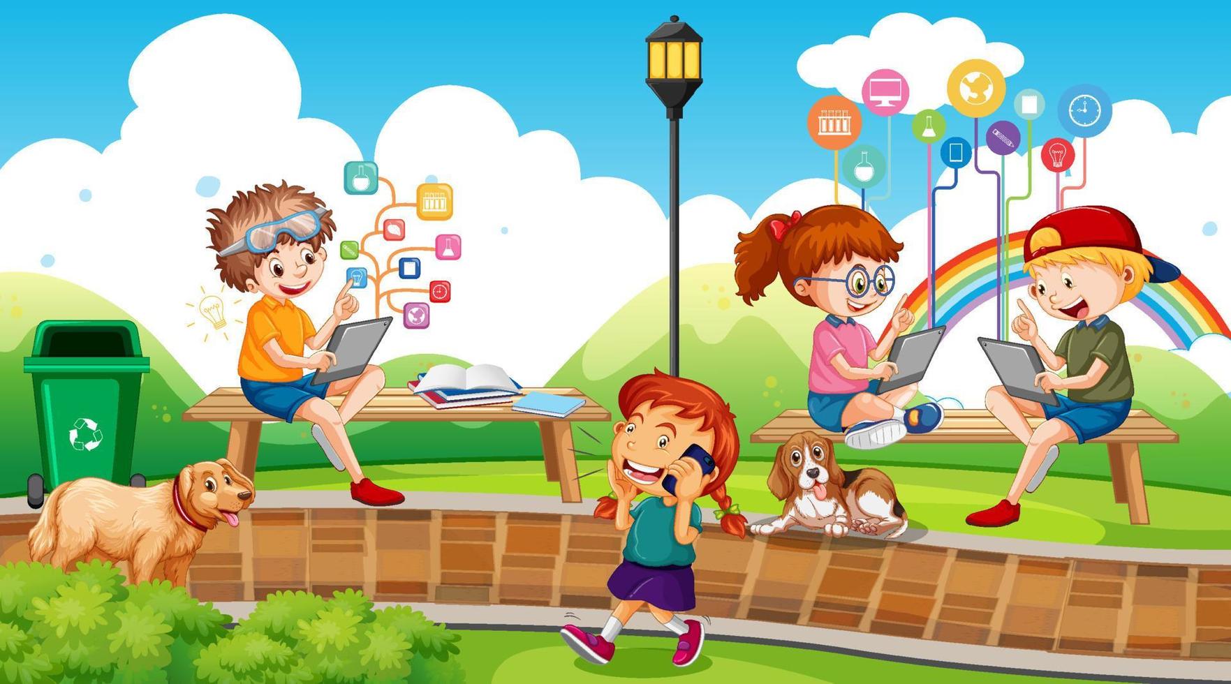 scena del parco con bambini che usano dispositivi tecnologici vettore