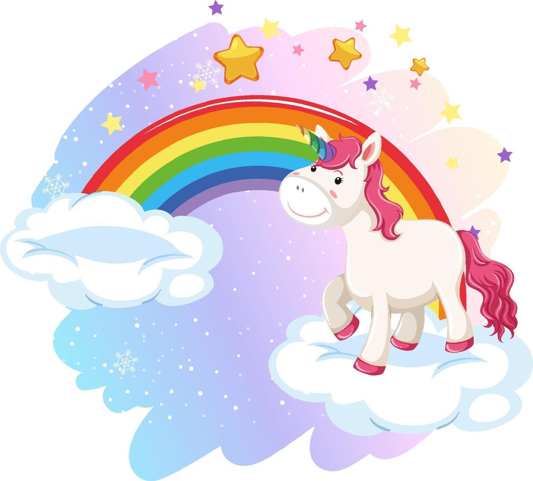 unicorno in piedi sulla nuvola con arcobaleno vettore