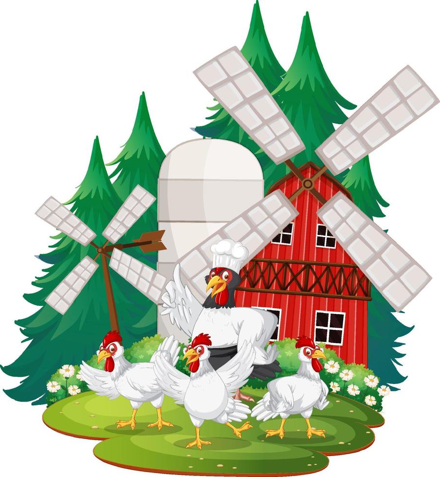 una scena isolata con un gruppo di polli in stile cartone animato vettore