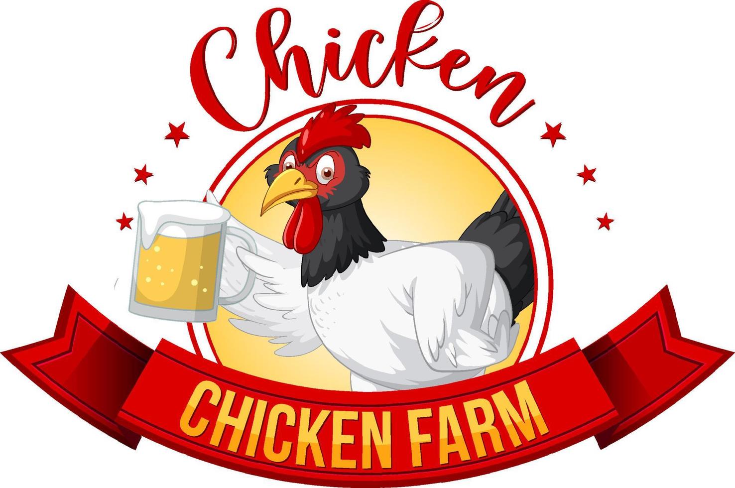 personaggio dei cartoni animati di pollo con birra con banner di fattoria di pollo vettore