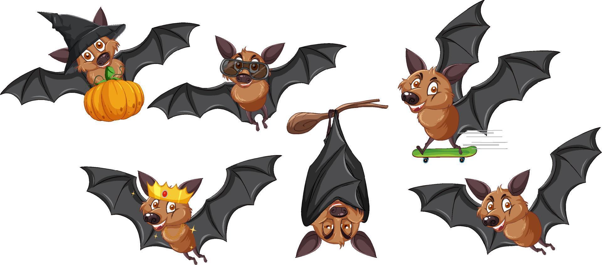 set di diversi simpatici pipistrelli in stile cartone animato vettore