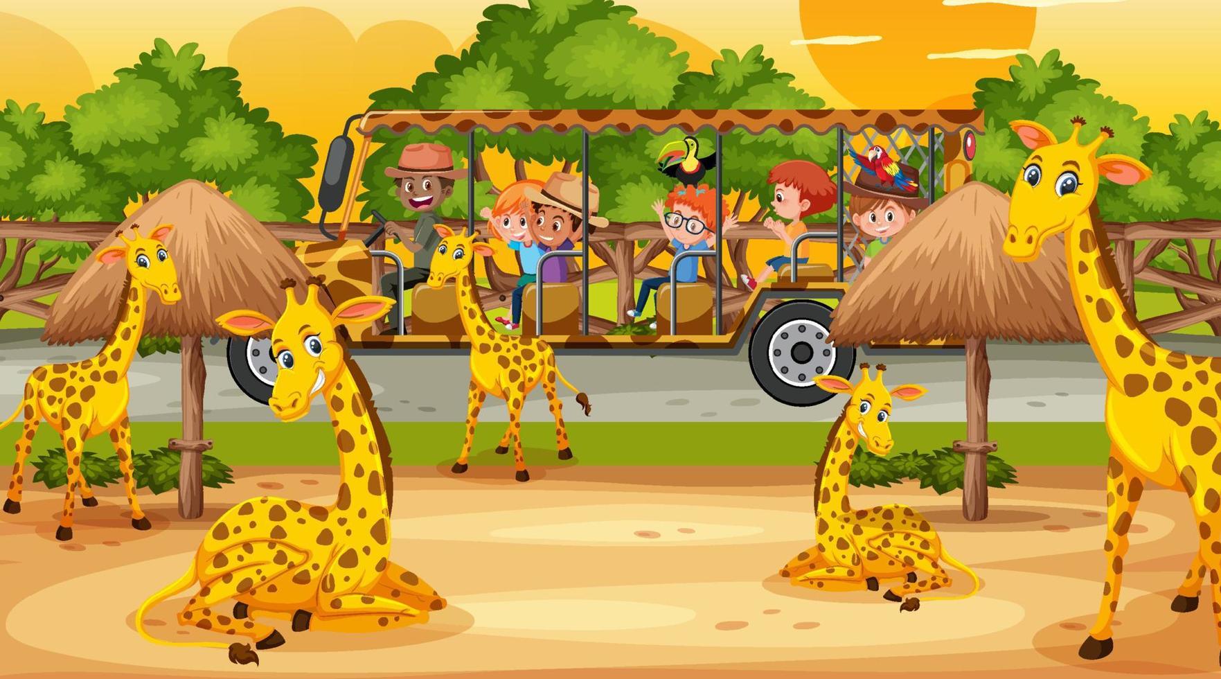 safari al tramonto con bambini che guardano un gruppo di giraffe vettore