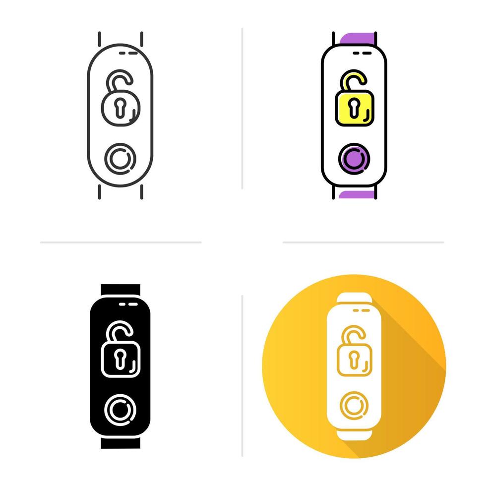 fitness tracker con set di icone di lucchetto aperto. stili lineare, nero e colore. dispositivo benessere indossabile con funzione di sblocco a distanza. dispositivo con opzione di controllo di sicurezza. illustrazioni vettoriali isolate