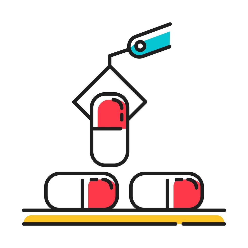 icona di colore rosso dell'industria farmaceutica. settore della droga. linea di produzione automatica di pillole per trasportatori in fabbrica. produzione di capsule. creazione di prodotti farmacologici. illustrazione vettoriale isolata