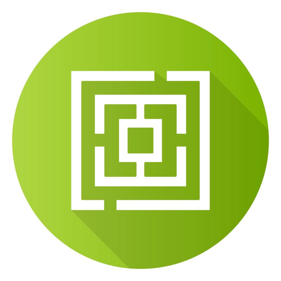 Labirinto puzzle verde design piatto lunga ombra icona glifo. labirinto. percorso, ricerca di percorsi. esercizio mentale, sfida. ingegno, test di intelligenza. rompicapo. illustrazione della siluetta di vettore