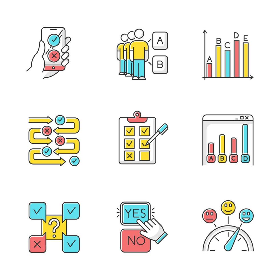 set di icone del colore del sondaggio. sondaggio in linea. scegli l'opzione. seleziona la risposta corretta e quella sbagliata. approvare, disapprovare. opinione sociale. sondaggio di massa. testo scritto. infografica statistica. illustrazioni vettoriali isolate